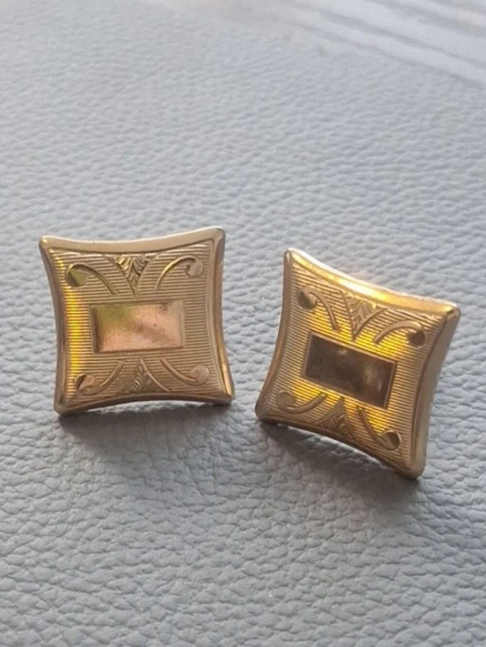 Vintage Men's Gold Tone Cufflinks Engraved Art Deco Style Square Stamped S